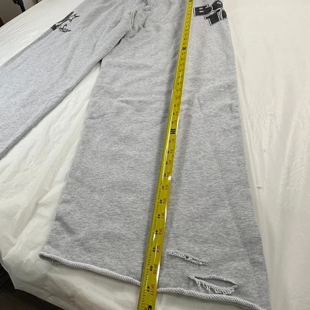 Booby Trap Graphic Wide Leg Sweatpants Heather Gray Raw Hem Streetwear Mens XL